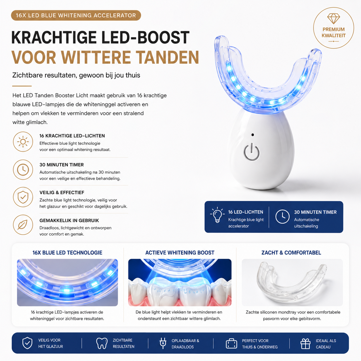 LED Tanden Whitening Booster – 16 Blauwe LED's, USB Oplaadbaar