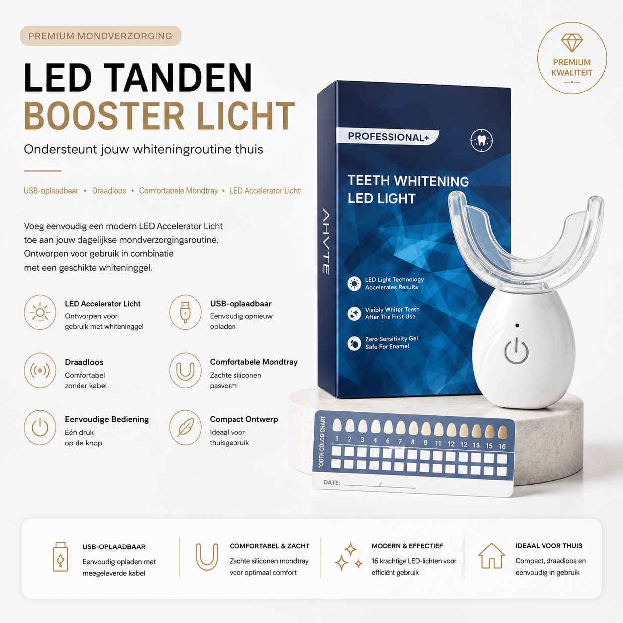 LED Tanden Whitening Booster – 16 Blauwe LED's, USB Oplaadbaar