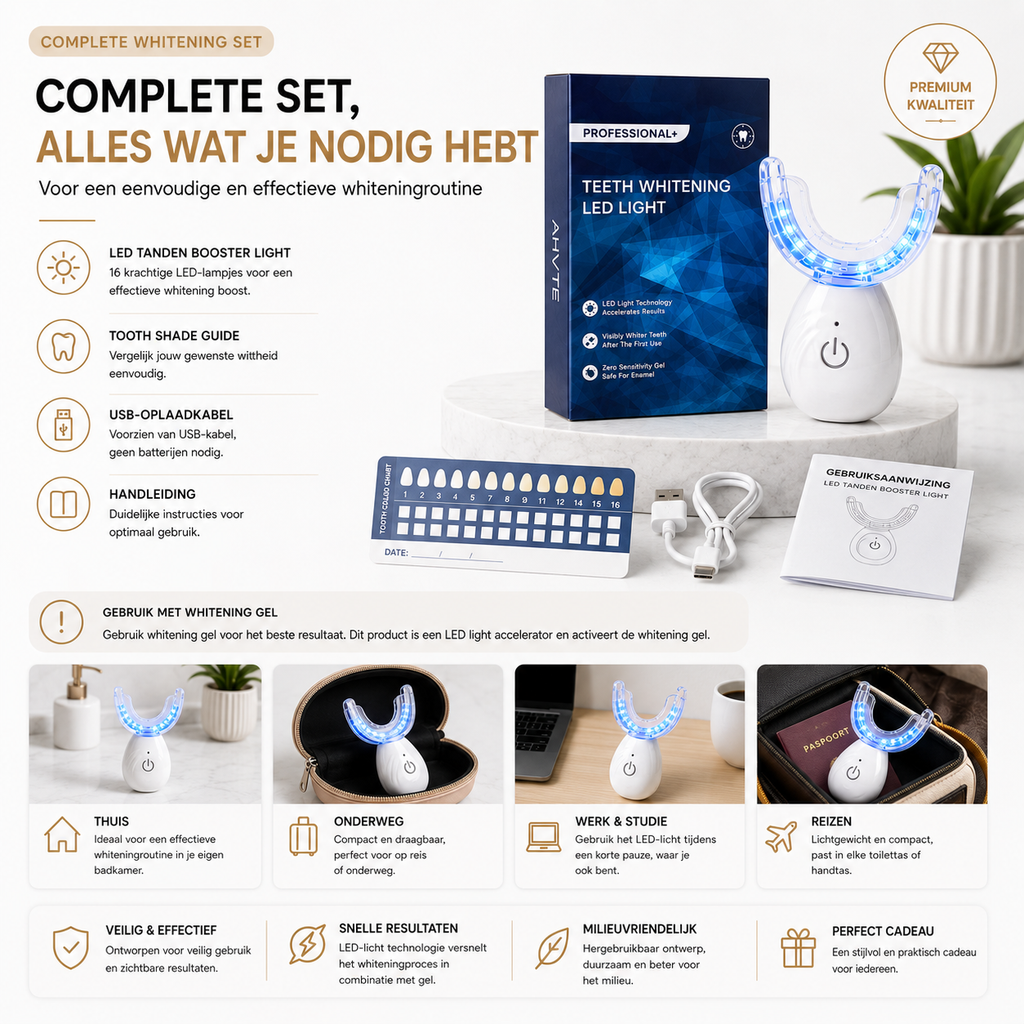LED Tanden Whitening Booster – 16 Blauwe LED's, USB Oplaadbaar