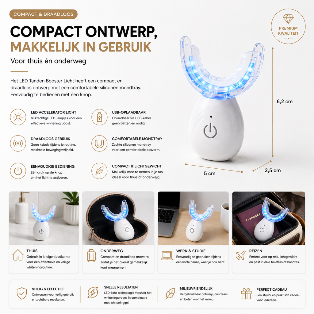 LED Tanden Whitening Booster – 16 Blauwe LED's, USB Oplaadbaar