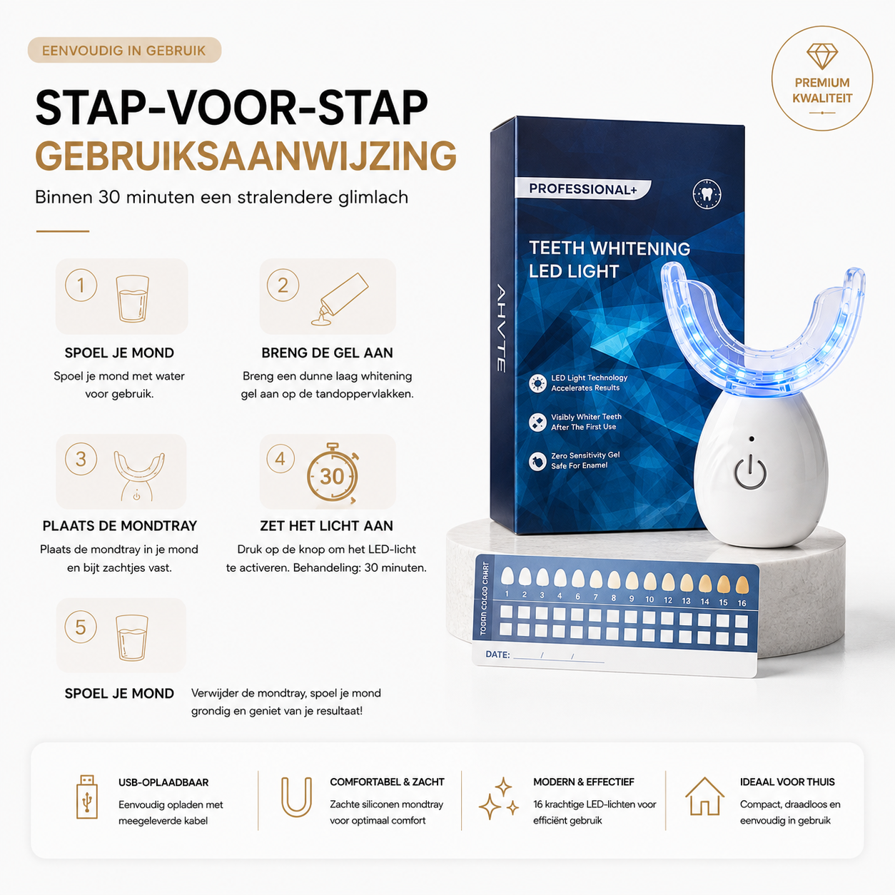 LED Tanden Whitening Booster – 16 Blauwe LED's, USB Oplaadbaar