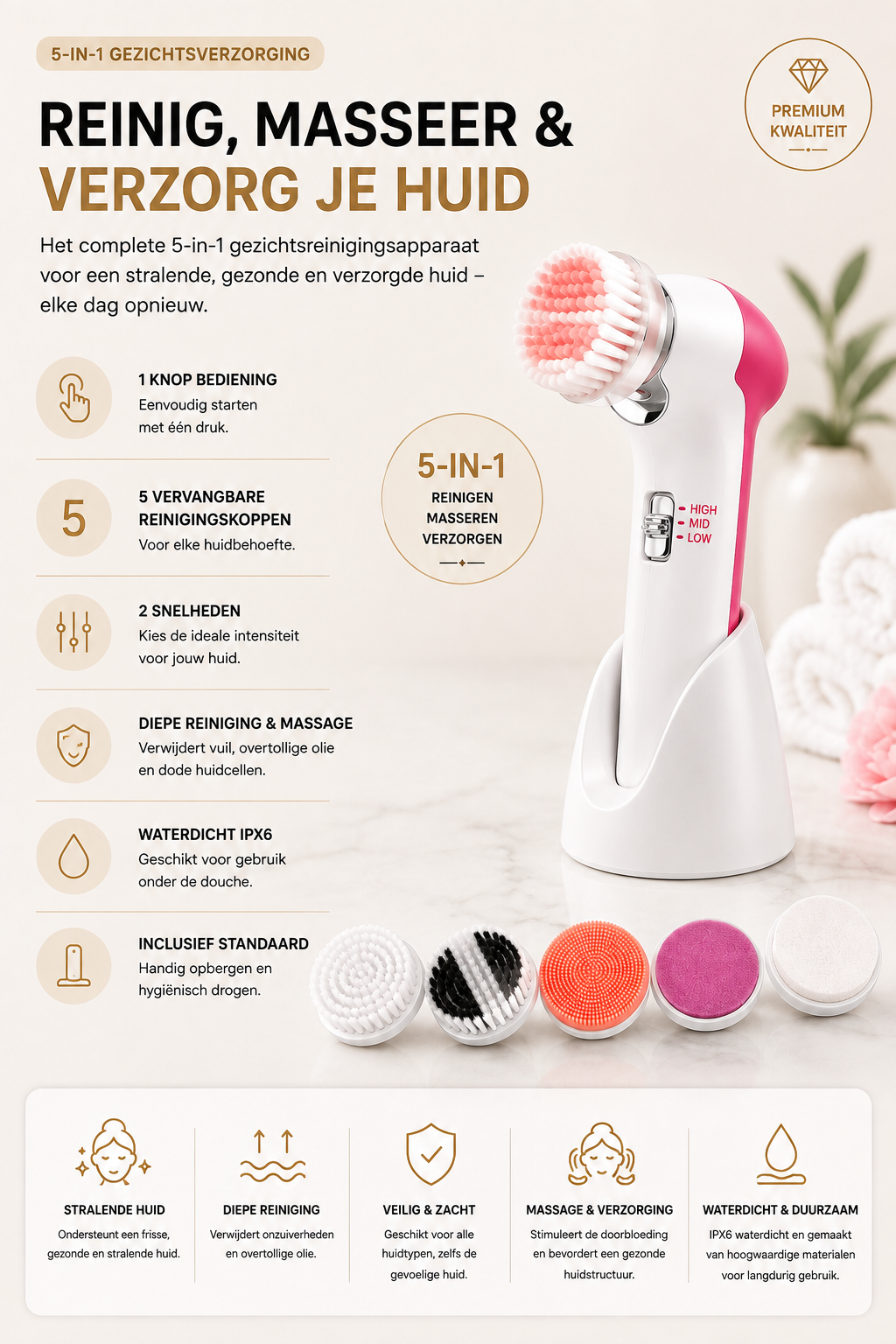 5-in-1 Elektrisch Gezichtsreinigingsapparaat – Gezichtsmassager & Diepe Reiniging
