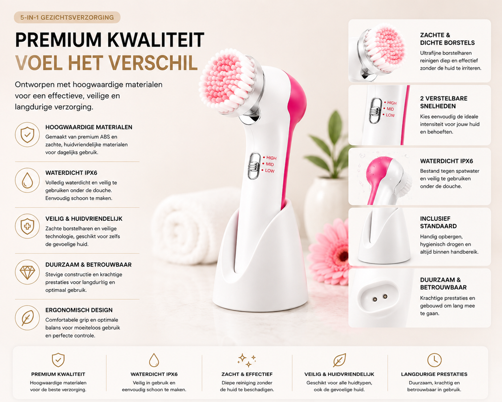 5-in-1 Elektrisch Gezichtsreinigingsapparaat – Gezichtsmassager & Diepe Reiniging